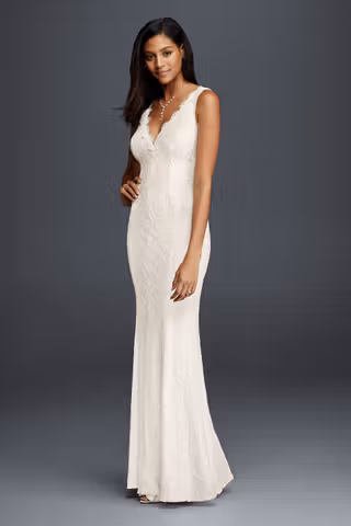 View DB Studio Allover Lace V-Neck Sheath Wedding Dress in all available color and sizes Picture of Allover Lace V-Neck Sheath Wedding Dress