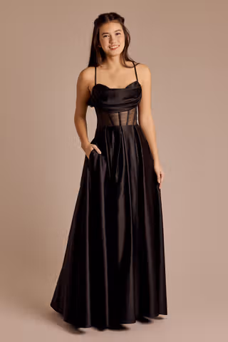 View Blondie Nites Draped Cowl Sheer Corset Satin Ball Gown in all available color and sizes Picture of Draped Cowl Sheer Corset Satin Ball Gown