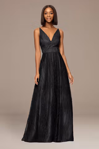 View Blondie Nites Glitter Encrusted V-Neck Ball Gown in all available color and sizes Picture of Glitter Encrusted V-Neck Ball Gown