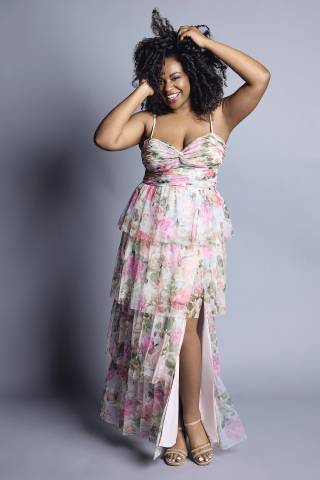 Picture of Floral Print Tiered Dress with Lace-Up Back