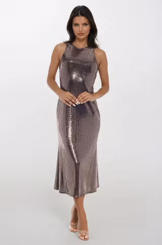 View Bebe Split Disco Dot A-Line Maxi Dress in all available color and sizes Picture of Split Disco Dot A-Line Maxi Dress