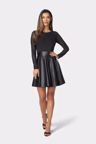 View Bebe Faux Leather Flare Dress in all available color and sizes Picture of Faux Leather Flare Dress