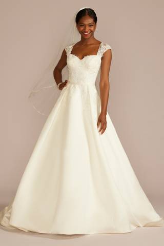 Picture of Lace Applique Cap Sleeve Satin Wedding Dress