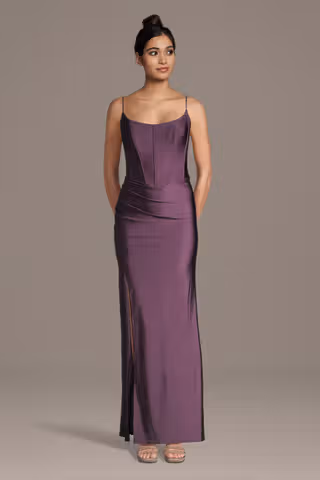View DB Studio Stretch Satin Basque Waist Corset Sheath Dress in all available color and sizes Picture of Stretch Satin Basque Waist Corset Sheath Dress
