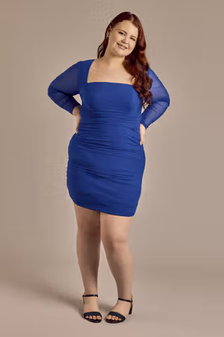 View Jules and Cleo Mesh Long Sleeve Ruched Short Dress in all available color and sizes Picture of Mesh Long Sleeve Ruched Short Dress