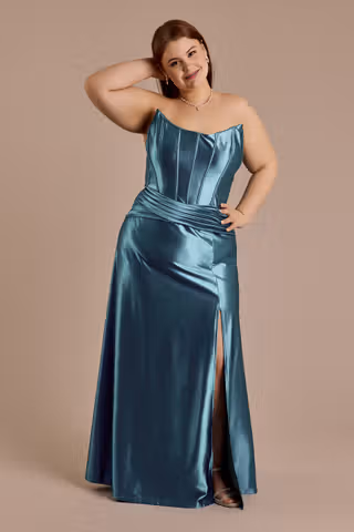 View Jules and Cleo Sculpting Satin Corset Bodice A-Line Dress in all available color and sizes Picture of Sculpting Satin Corset Bodice A-Line Dress
