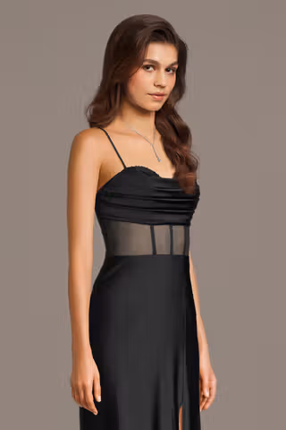 View Jules and Cleo Stretch Satin Peekaboo Bodice A-Line Dress in all available color and sizes Picture of Stretch Satin Peekaboo Bodice A-Line Dress