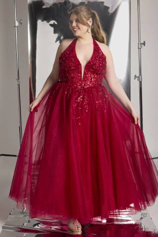 Picture of Illusion Plunge Halter Ball Gown with Appliques