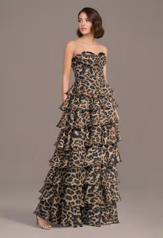 View Jules and Cleo Strapless Cheetah Print Chiffon Tiered Ball Gown in all available color and sizes Picture of Strapless Cheetah Print Chiffon Tiered Ball Gown