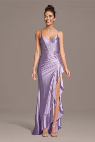 View Jules and Cleo Sculpting Satin V-Neck Corset Ruffle Sheath Dress in all available color and sizes Picture of Sculpting Satin V-Neck Corset Ruffle Sheath Dress