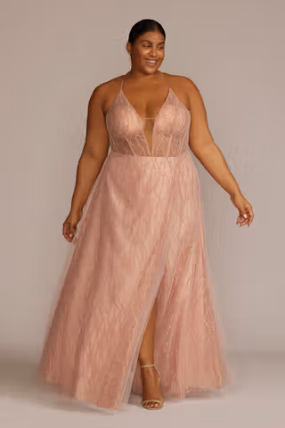 View Galina Signature Patterned Sequin Illusion Bodice A-Line with Slit in all available color and sizes Picture of Patterned Sequin Illusion Bodice A-Line with Slit