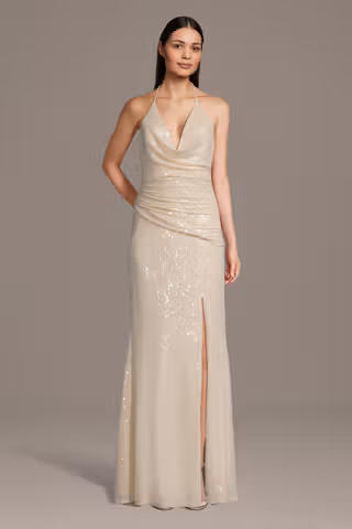 View Galina Signature Cowl Neck Halter Draped Sequin Sheath Dress in all available color and sizes Picture of Cowl Neck Halter Draped Sequin Sheath Dress