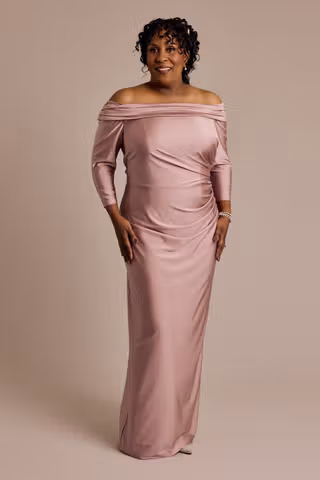 View Oleg Cassini Off-the-Shoulder Stretch Satin Sheath in all available color and sizes Picture of Off-the-Shoulder Stretch Satin Sheath