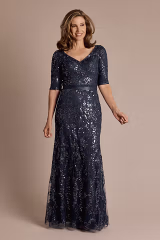 View Oleg Cassini Beaded Sequin Lace Dress with Elbow-Length Sleeves in all available color and sizes Picture of Beaded Sequin Lace Dress with Elbow-Length Sleeves