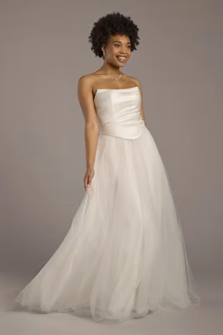 View The Edit By DB Studio Strapless Satin and Tulle Ball Gown Wedding Dress in all available color and sizes Picture of Strapless Satin and Tulle Ball Gown Wedding Dress