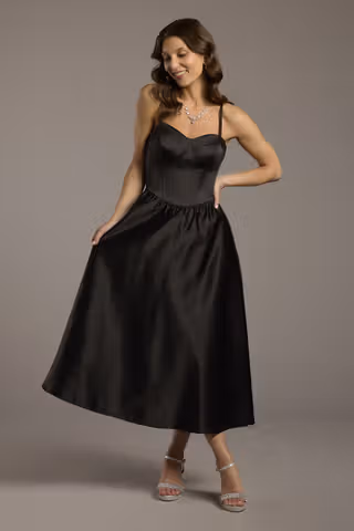 View The Edit By DB Studio Corset Seam Full Skirt Satin A-Line Dress in all available color and sizes Picture of Corset Seam Full Skirt Satin A-Line Dress