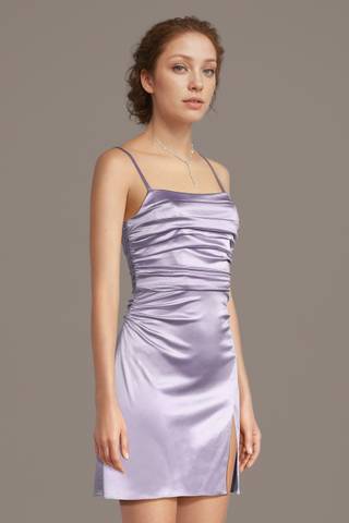 Picture of Sculpting Satin Double Strap Ruched Mini Dress