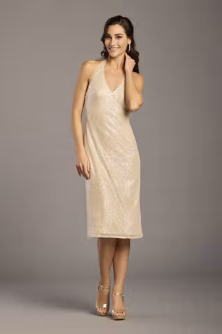 View The Edit By DB Studio Sequin Halter V-Neck Midi Dress in all available color and sizes Picture of Sequin Halter V-Neck Midi Dress