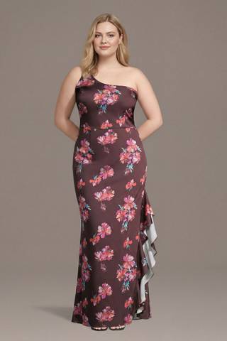 Picture of Floral Matte Satin One-Shoulder Sheath with Ruffle