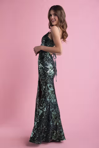 View Crystal Doll Patterned Sequin Sheath with Lace-Up Back in all available color and sizes Picture of Patterned Sequin Sheath with Lace-Up Back
