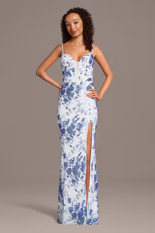 View Crystal Doll Illusion Plunge Floral Sequin Sheath Dress in all available color and sizes Picture of Illusion Plunge Floral Sequin Sheath Dress