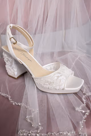 View Betsey Johnson Floral Beaded Satin Block Heel Sandals in all available color and sizes Picture of Floral Beaded Satin Block Heel Sandals