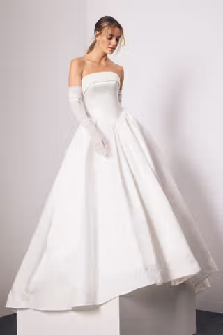 View Vera Wang Bride Satin Basque Waist Ball Gown with Lace Hem in all available color and sizes Picture of Satin Basque Waist Ball Gown with Lace Hem
