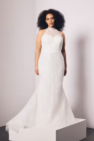 View Vera Wang Bride Lace High Neck Mermaid Gown with Bow Sash in all available color and sizes Picture of Lace High Neck Mermaid Gown with Bow Sash