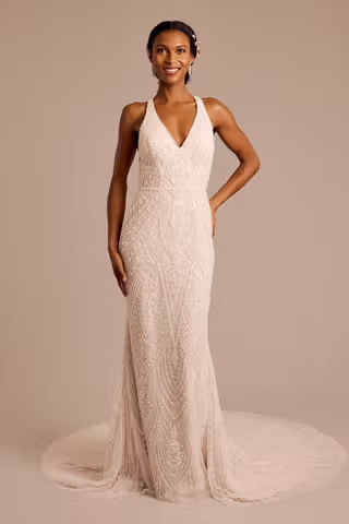 View Galina Signature Beaded Halter Open Back Sheath Wedding Dress in all available color and sizes Picture of Beaded Halter Open Back Sheath Wedding Dress