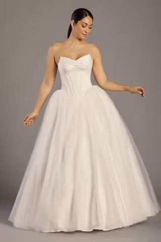 View DB Studio Sculpted Strapless Satin and Tulle Ball Gown in all available color and sizes Picture of Sculpted Strapless Satin and Tulle Ball Gown