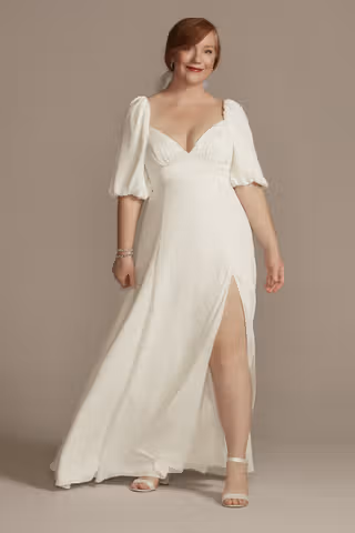 View DB Studio Bubble Sleeve Georgette V-Neck Wedding Dress in all available color and sizes Picture of Bubble Sleeve Georgette V-Neck Wedding Dress