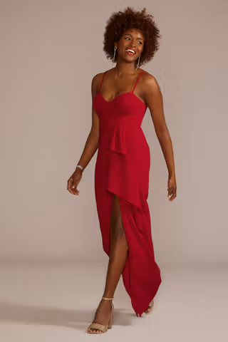 View DB Studio Crepe Corset Sheath Dress with Ruffle Slit in all available color and sizes Picture of Crepe Corset Sheath Dress with Ruffle Slit