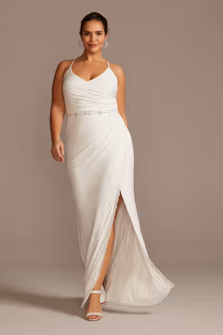 View DB Studio Ruched Skinny Strap Dress with Lace Slit in all available color and sizes Picture of Ruched Skinny Strap Dress with Lace Slit