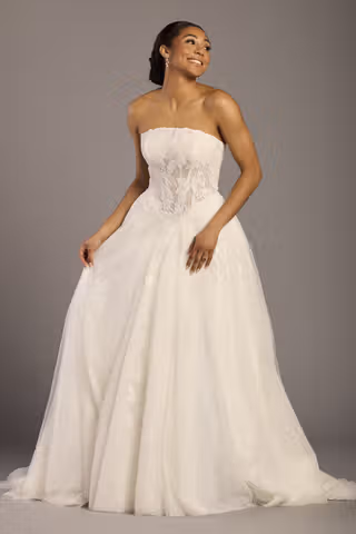 View Melissa Sweet Lace Ball Gown with Matching Appliqued Scarf in all available color and sizes Picture of Lace Ball Gown with Matching Appliqued Scarf