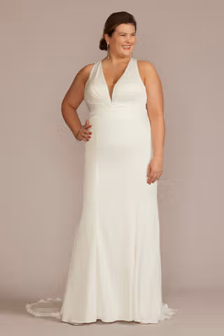 View DB Studio Crepe Back Satin Sheath Wedding Dress in all available color and sizes Picture of Crepe Back Satin Sheath Wedding Dress