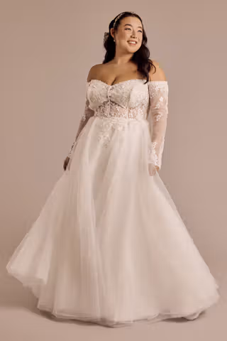 View DB Studio Off-the-Shoulder Long Sleeve Appliqued Ball Gown in all available color and sizes Picture of Off-the-Shoulder Long Sleeve Appliqued Ball Gown