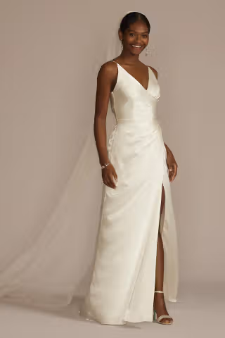 View DB Studio Draped Satin Spaghetti Strap Sheath Wedding Dress in all available color and sizes Picture of Draped Satin Spaghetti Strap Sheath Wedding Dress