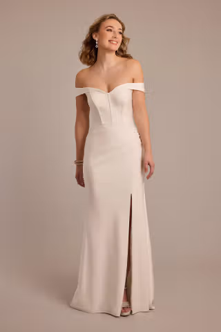 View DB Studio Off-the-Shoulder Sculpting Satin Wedding Dress in all available color and sizes Picture of Off-the-Shoulder Sculpting Satin Wedding Dress