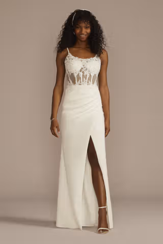 View DB Studio Illusion Corset Crepe Sheath Wedding Dress in all available color and sizes Picture of Illusion Corset Crepe Sheath Wedding Dress