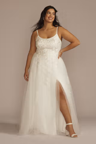 View DB Studio Scoop Back Lace Applique Tulle Wedding Dress in all available color and sizes Picture of Scoop Back Lace Applique Tulle Wedding Dress
