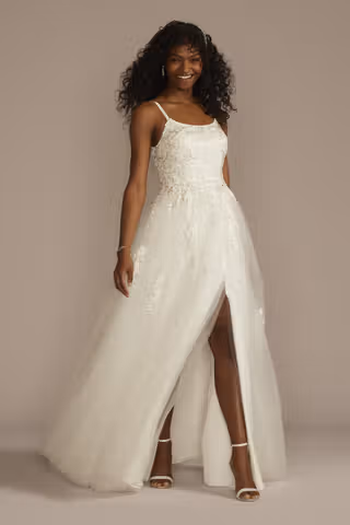 View DB Studio Scoop Back Lace Applique Tulle Wedding Dress in all available color and sizes Picture of Scoop Back Lace Applique Tulle Wedding Dress
