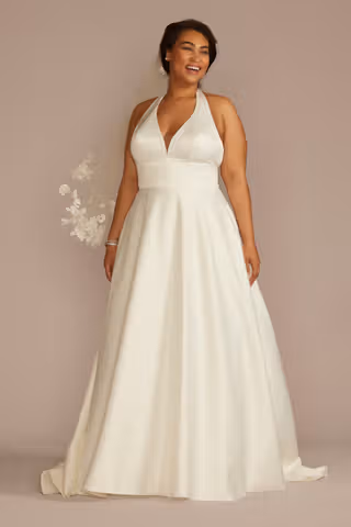 View DB Studio Plunging Halter Satin A-Line Wedding Dress in all available color and sizes Picture of Plunging Halter Satin A-Line Wedding Dress