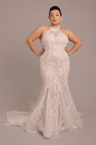 View Galina Signature Beaded Lace High Neck Halter Mermaid Wedding Dress in all available color and sizes Picture of Beaded Lace High Neck Halter Mermaid Wedding Dress