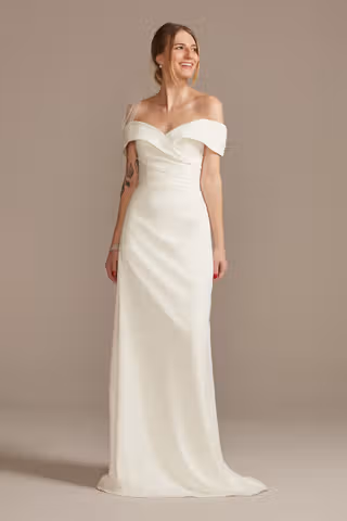 View DB Studio Crepe Off-the-Shoulder Sheath Wedding Dress in all available color and sizes Picture of Crepe Off-the-Shoulder Sheath Wedding Dress
