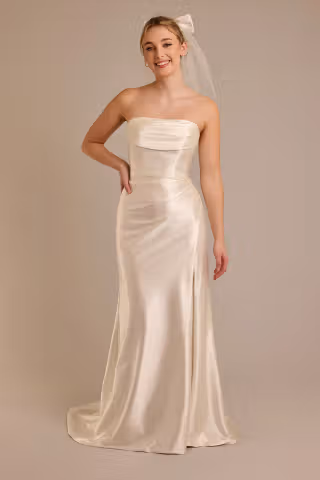 View DB Studio Strapless Sculpting Satin Mermaid Wedding Dress in all available color and sizes Picture of Strapless Sculpting Satin Mermaid Wedding Dress