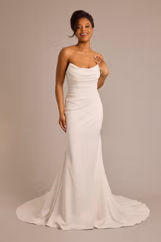 View Galina Signature Strapless Draped Satin Mermaid Wedding Dress in all available color and sizes Picture of Strapless Draped Satin Mermaid Wedding Dress