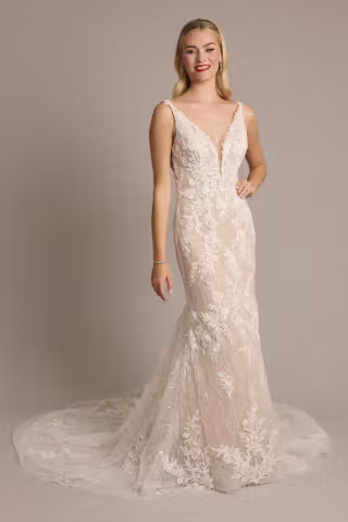 View Galina Signature Beaded Plunging Tank Mermaid Wedding Dress in all available color and sizes Picture of Beaded Plunging Tank Mermaid Wedding Dress