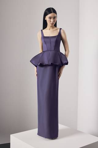 Picture of Satin Corset Bodice Peplum Dress with Crepe Skirt