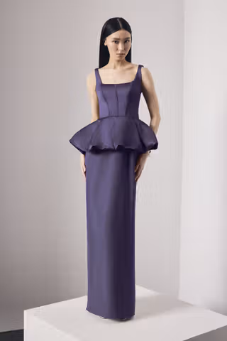 View Vera Wang Bride Satin Corset Bodice Peplum Dress with Crepe Skirt in all available color and sizes Picture of Satin Corset Bodice Peplum Dress with Crepe Skirt