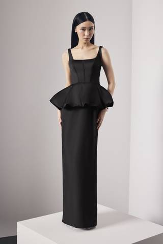 Picture of Satin Corset Bodice Peplum Dress with Crepe Skirt